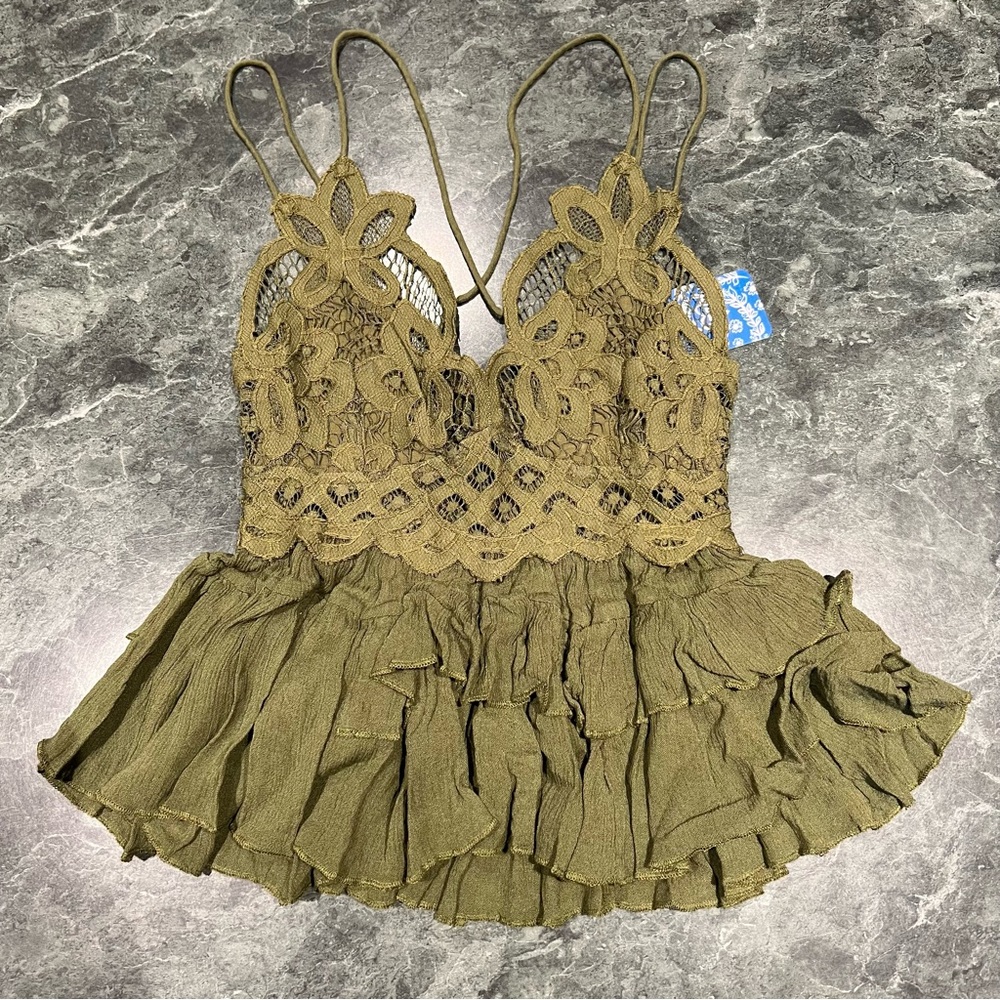 Free People Top XS Intimately Adella Cami Lace Olive Sparrow Green NWT Ruffle